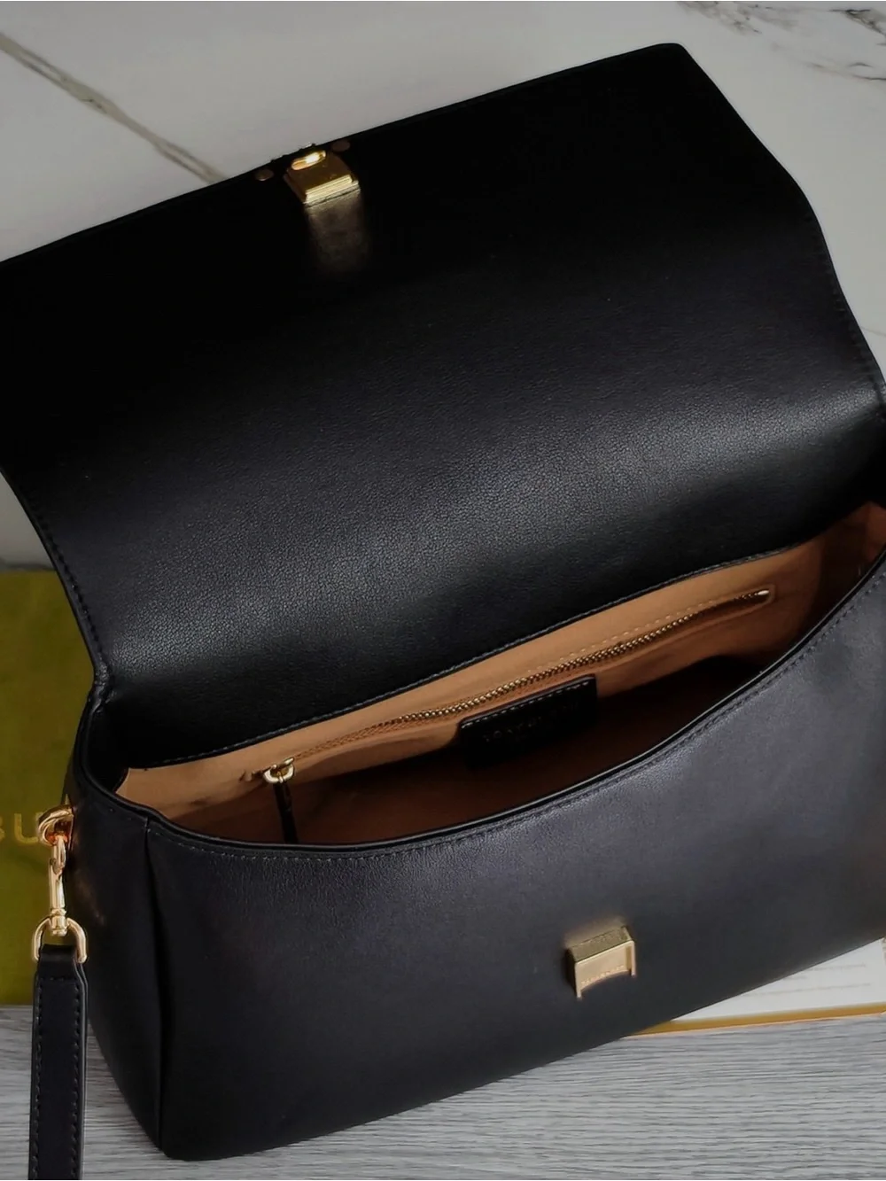 Tory Burch Black Leather Flap Shoulder Bag with Gold Hardware